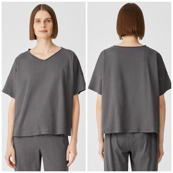 EILEEN FISHER L XL Slubby Organic Cotton V-Neck Sleep Tee in Ash • Lightweight - Picture 11 of 13